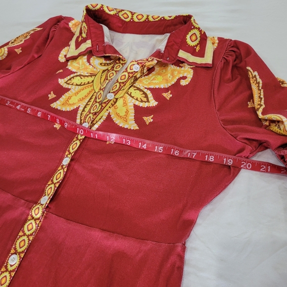 Elegant Red and Gold Women's Dress Size XL Button Up Down Graphic Print Collar - Picture 6 of 16